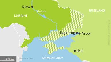 Karte: Ukraine und Russland, hell schraffiert: von Russland besetzte Gebiete.