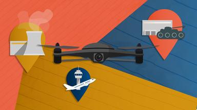 Eine symbolisierte Drohne, sowie ein Kühlturm, ein Flugzeug und ein Pannzer