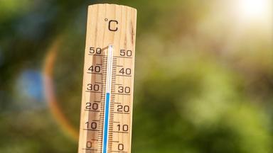 Ein Thermometer aus Holz wird von der Sonne angestrahlt.