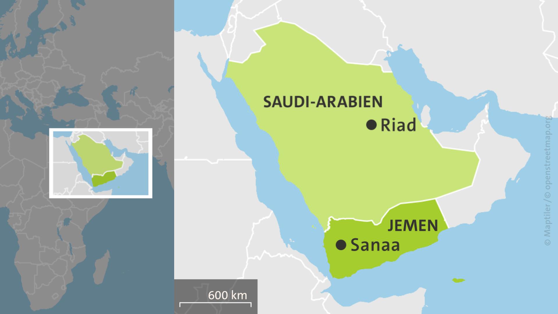Karte Saudi-Arabien und Jemen mit den Orten Riad und Sanaa | ARD-aktuell