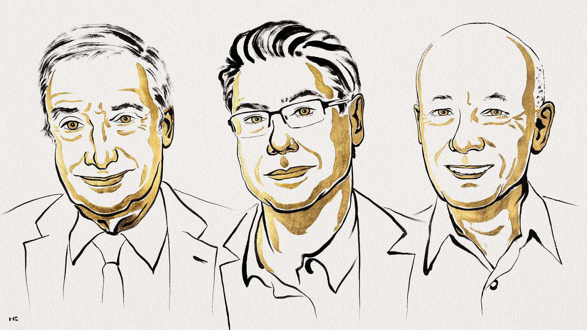 Eine Zeichnung von Joel Mokyr, Philippe Aghion und Peter Howitt | Ill. Niklas Elmehed © Nobel Pri