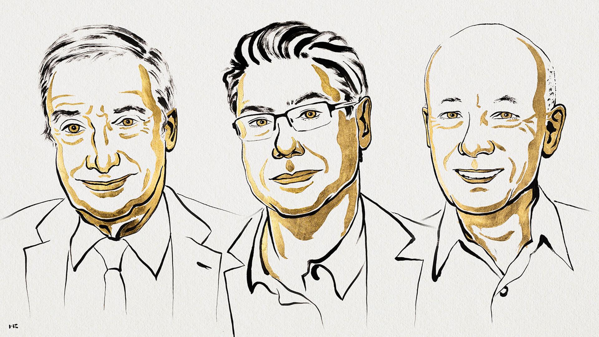Eine Zeichnung von Joel Mokyr, Philippe Aghion und Peter Howitt | Niklas Elmehed | Nobel Prize Out