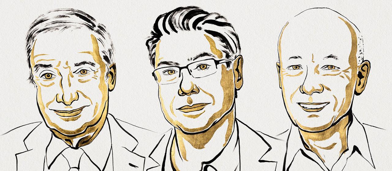 Eine Zeichnung von Joel Mokyr, Philippe Aghion und Peter Howitt