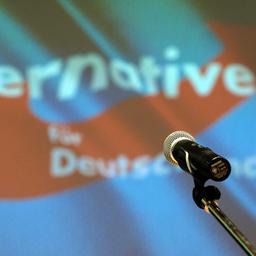 Ein Mikrofon steht beim Landesparteitag der sächsischen AfD auf der Bühne vor dem Partei-Logo.