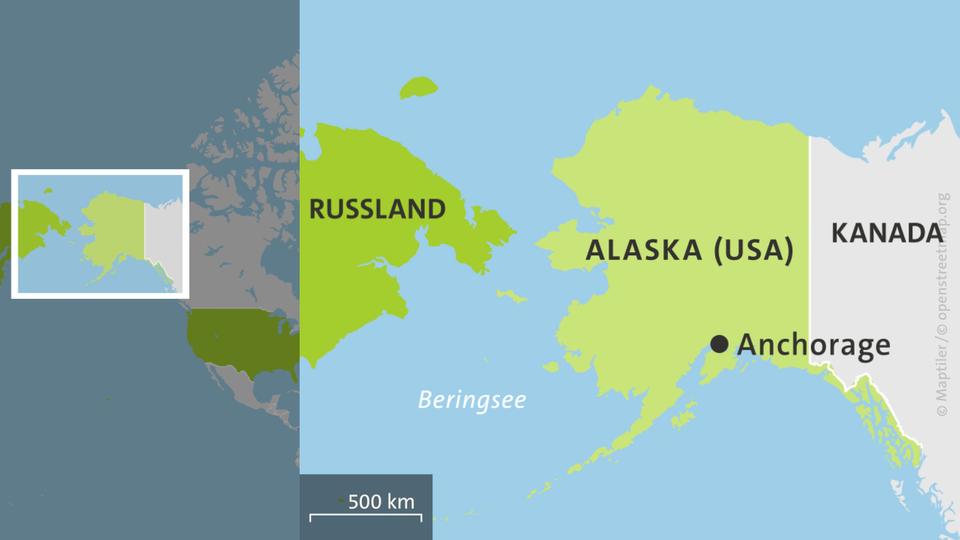Wo die USA und Russland sich am nächsten kommen, kommen Trump und Putin zu ihrem Treffen zusammen. Der Gipfel findet auf einer US-Militärbasis bei Anchorage in Alaska statt. | ARD-Aktuell Karte mit Alaska mit dem Ort Anchorage, Russland, Kanada und der Beringsee