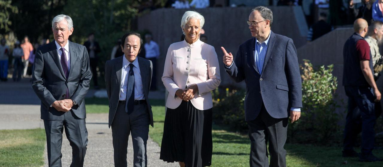Christine Lagarde, Jerome Powell, Kazuo Ueda und Andrew Bailey. (Archivbild: 22.08.2025)