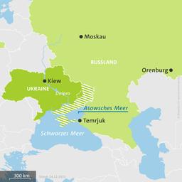 Karte der Ukraine und Russlands, hell schraffiert: von Russland besetzte Gebiete