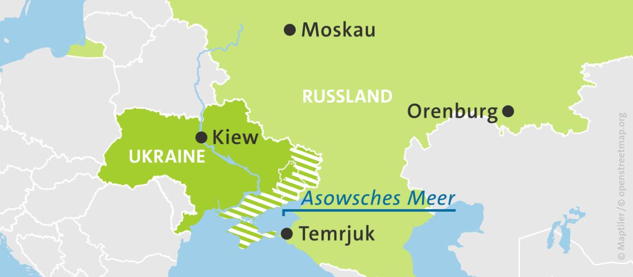 Karte der Ukraine und Russlands, hell schraffiert: von Russland besetzte Gebiete