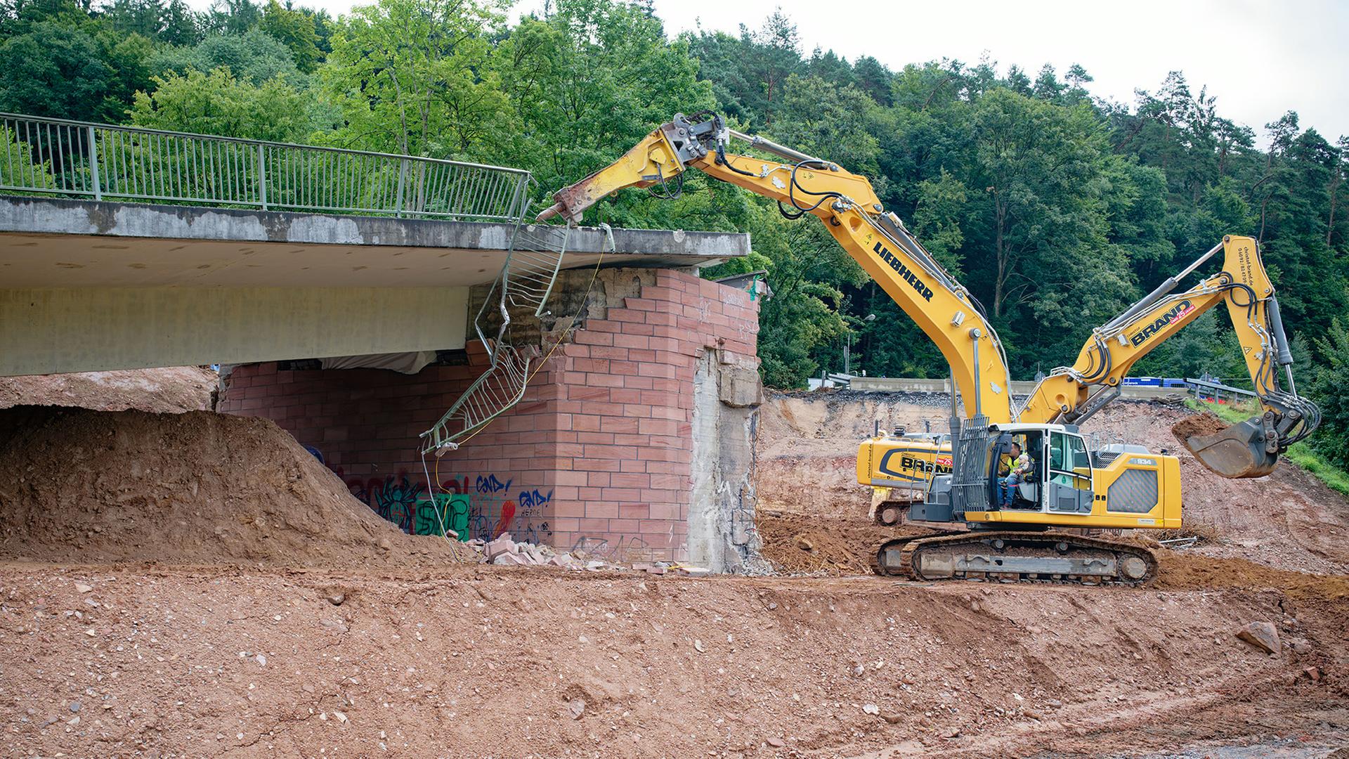 Abrissarbeiten an der gesprengten Talbrücke an der Bundesstraße 45. | dpa