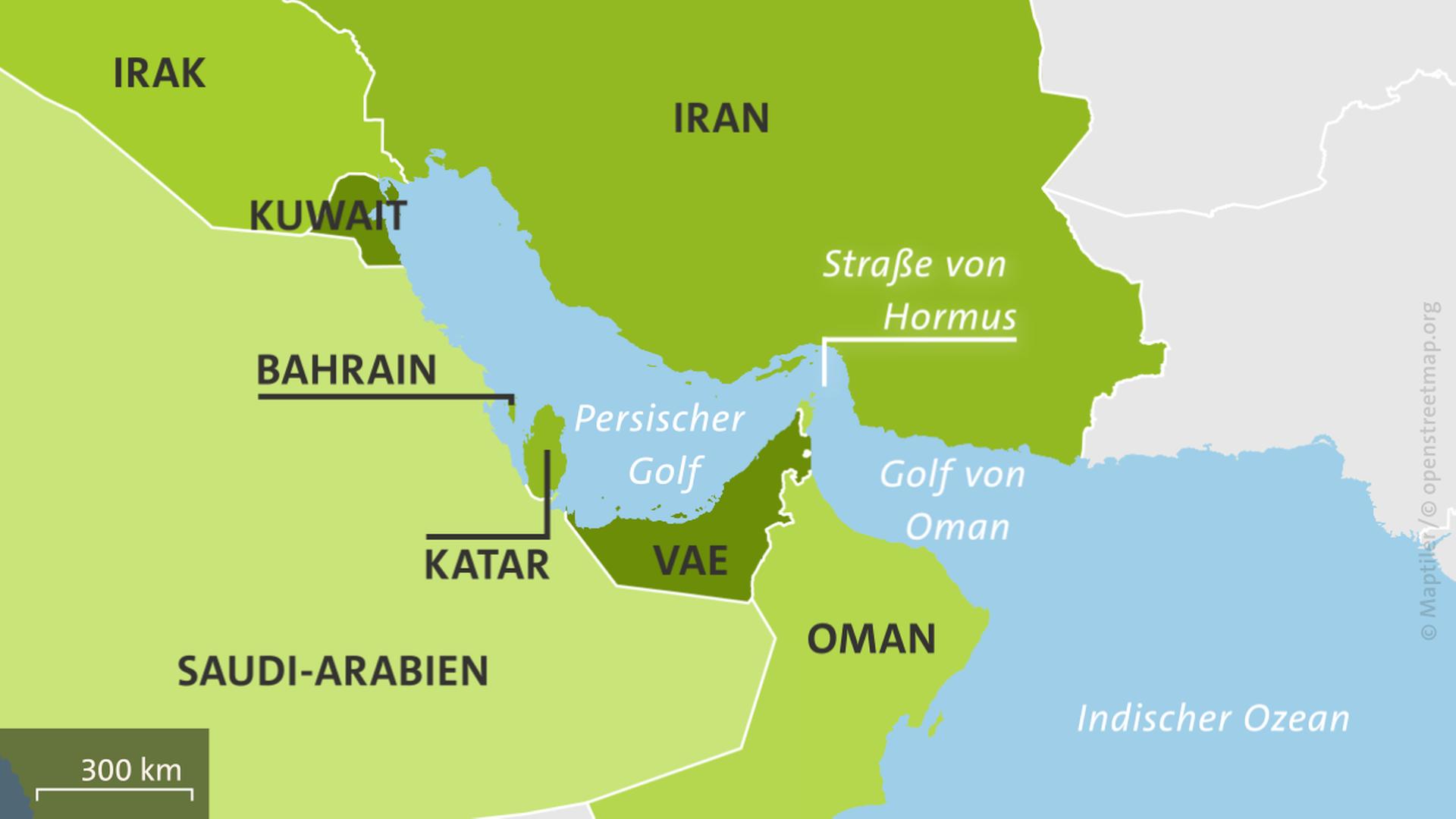 Die Karte zeigt den Persischen Golf, die Straße von Hormus, den Golf von Oman und die Anrainerstaaten | ARD-aktuell