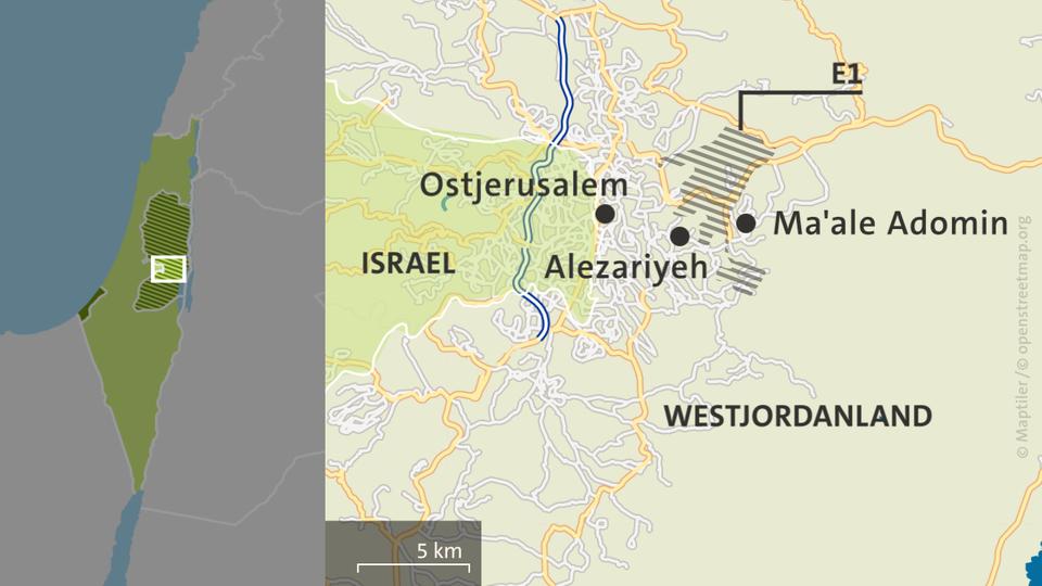 Laut Kritikern teilt das Siedlungsprojekt das Westjordanland praktisch in zwei Teile - was eine friedliche Zweistaatenlösung unmöglich machen würde. | ARD-aktuell Karte: Israelisches Siedlungsprojekt E1 im Westjordanland