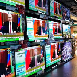Fernsehbildschirme zeigen eine Nachrichtensendung auf der der russische Präsident Putin spricht.