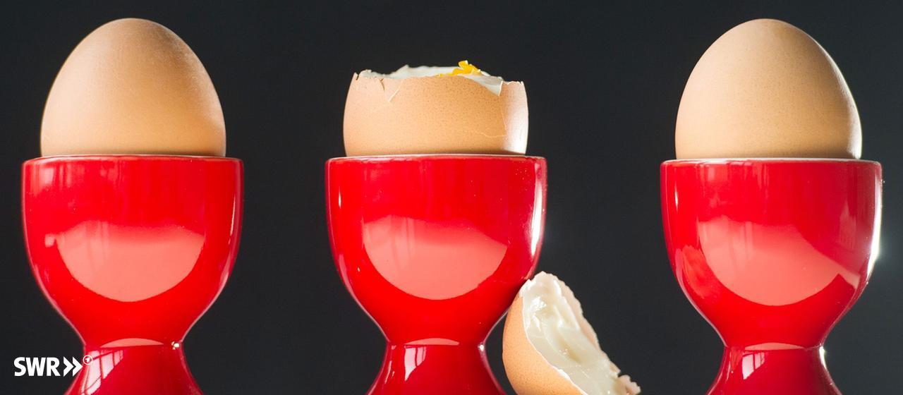 Drei gekochte Eier in roten Eierbechern.