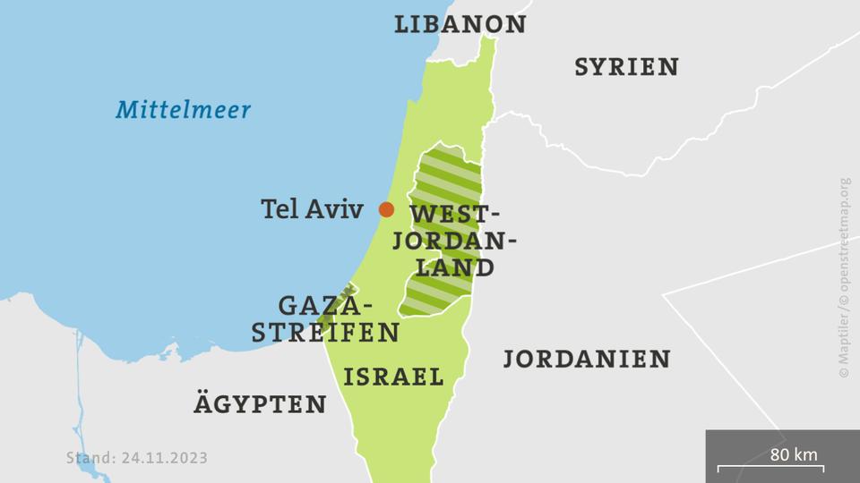 Karte mit Israel, Westjordanland, Gazastreifen und umliegenden Ländern.
