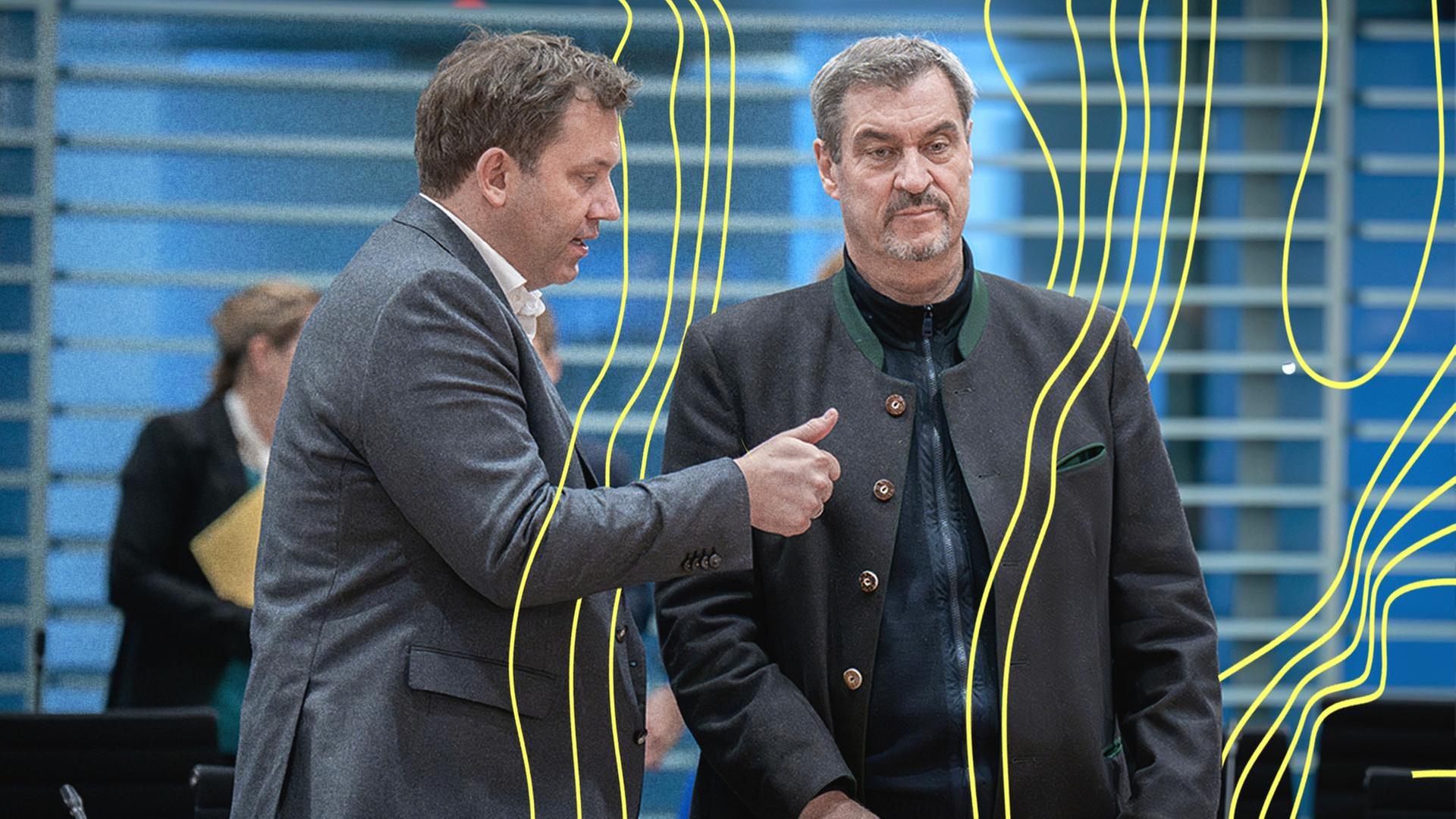 Lars Klingbeil und Markus SÃ¶der bei der Konferenz im Kanzleramt. | picture alliance / Geisler-Fotopress | Bernd Elmenthaler/Geisler-Fotopr