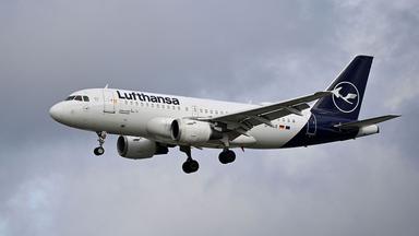 Ein Lufthansa Airbus A319-100 landet am Frankfurter Flughafen Fraport.