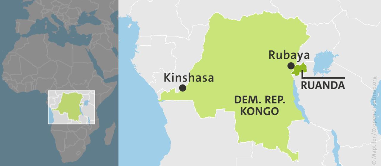 Karte Demokratischen Republik Kongo mit Kinshasa, Rubaya und Ruanda