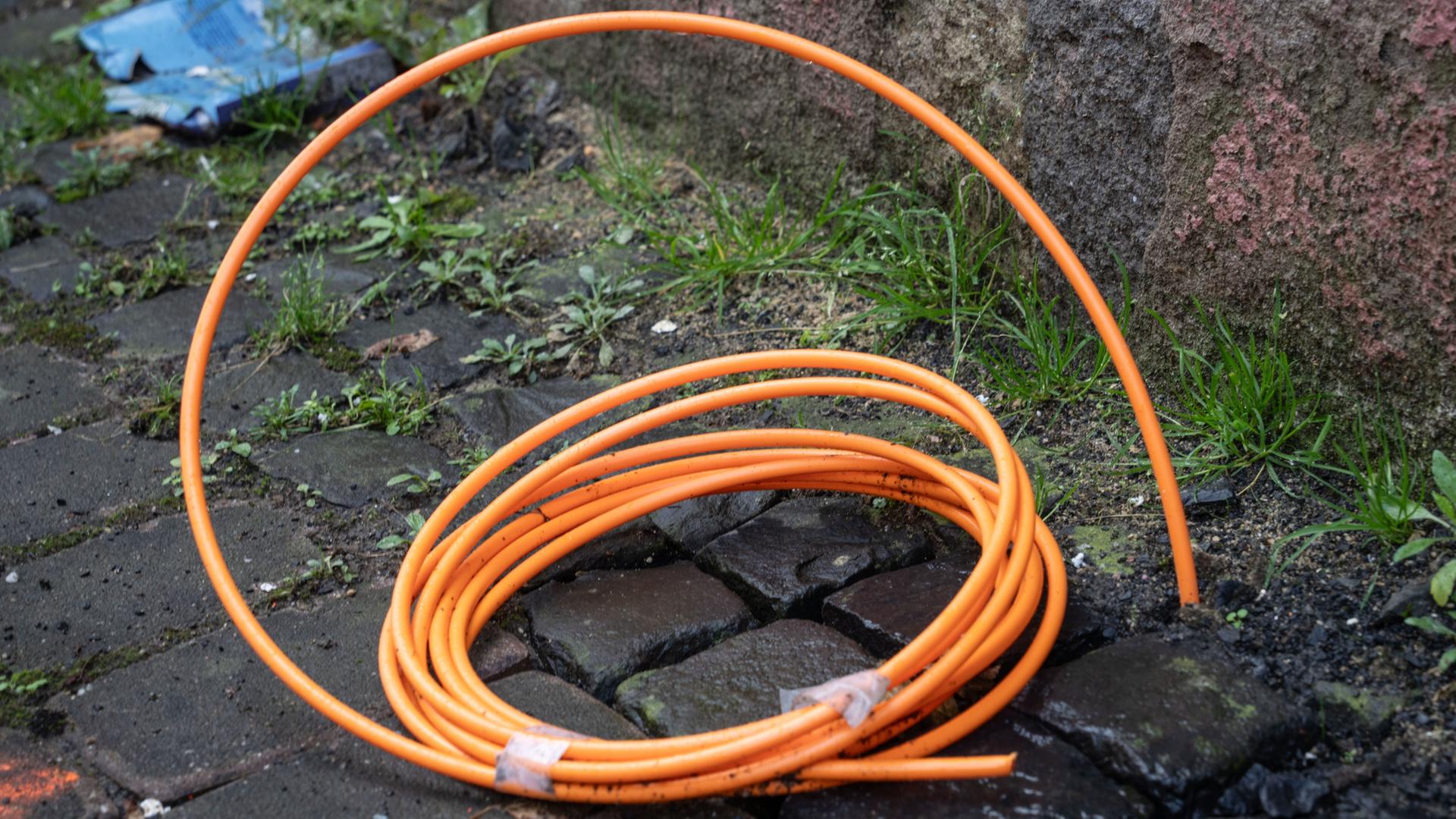 Ein aufgerolltes Glasfaserkabel kommt aus der Erde | dpa