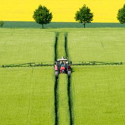 Ein Landwirt fährt mit einem Traktor über ein Gerstenfeld und versprüht Pflanzenschutzmittel.