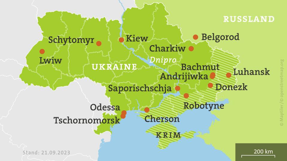 Karte Ukraine, schraffiert: von Russland besetzte Gebiete