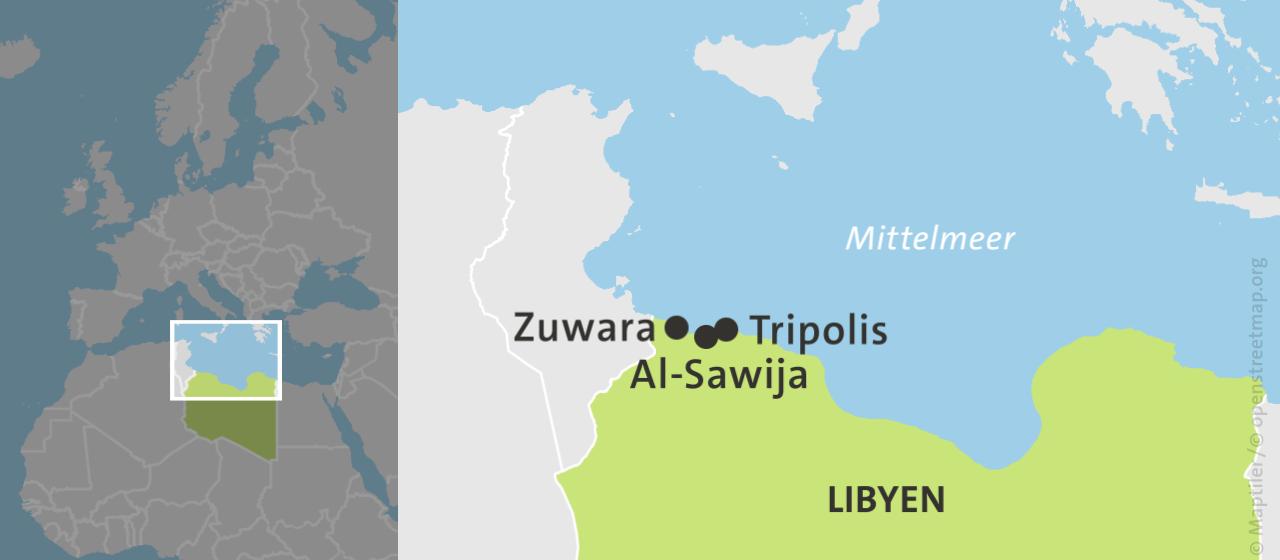 Karte: Libyen mit Tripolis, Zuwara und Al-Sawija