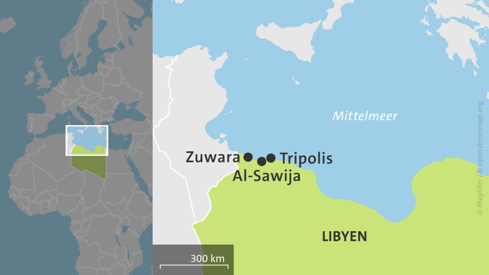 Karte: Libyen mit Tripolis, Zuwara und Al-Sawija | ARD-aktuell