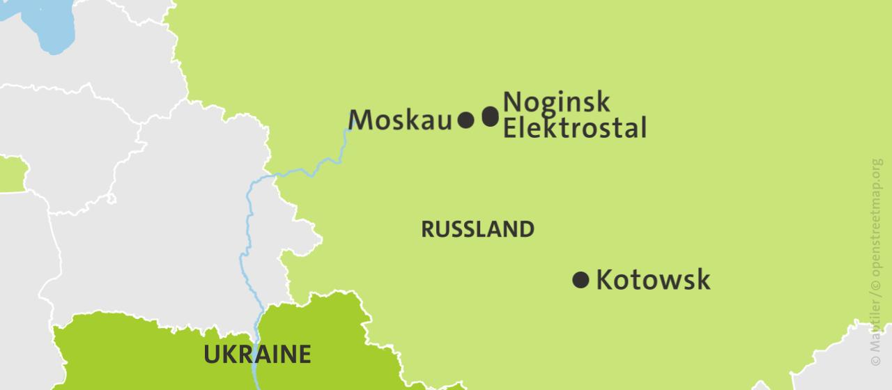 Karte: Ukraine und Russland, hell schraffiert: von Russland besetzte Gebiete.