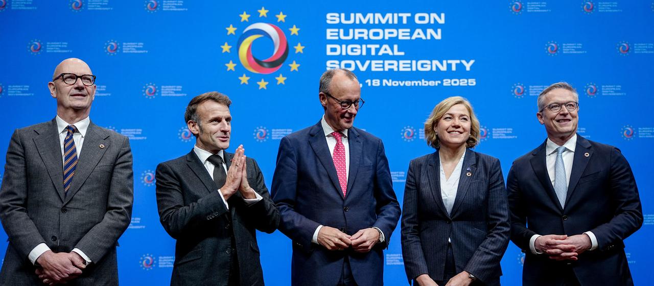 Roland Lescure, Emmanuel Macron, Friedrich Merz, Henna Virkkunen und Karsten Wildberger