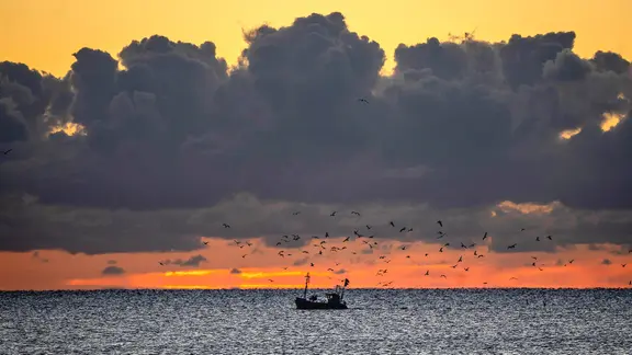 Ein Fischer steuert vor Sonnenaufgang sein kleines Boot über die Ostsee vor Timmendorfer Strand.