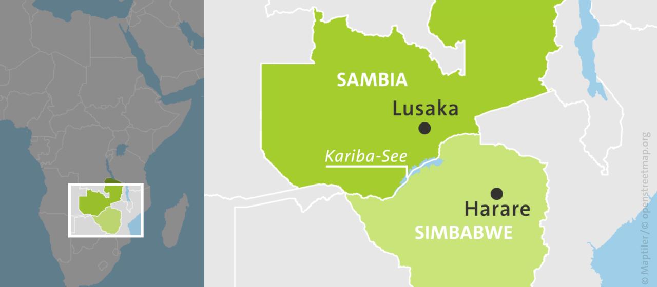 Karte: Sambia mit der Hauptstadt Lusaka, Simbabwe mit der Hauptstadt Harare, Kariba-See