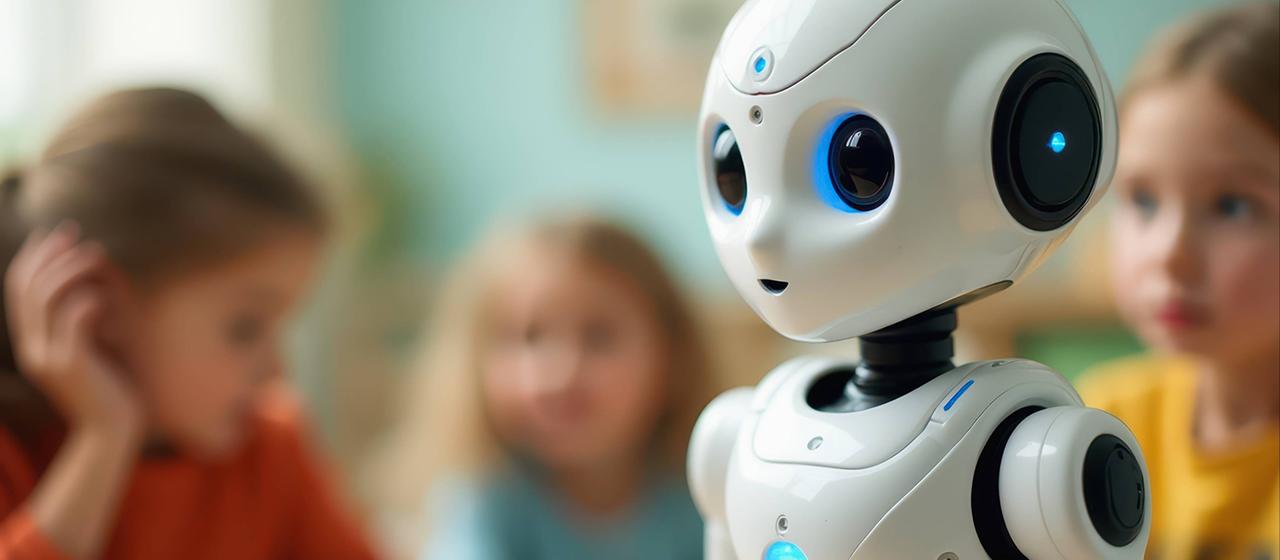 Das Foto zeigt einen KI-Roboter und Kinder.