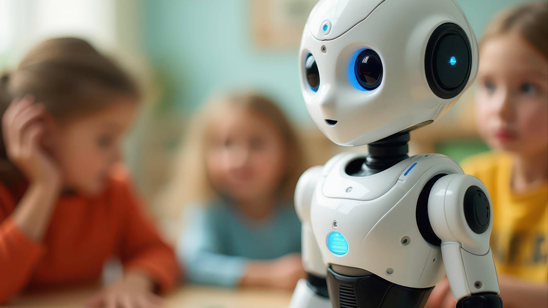 Das Foto zeigt einen KI-Roboter und Kinder. | IMAGO/CHROMORANGE