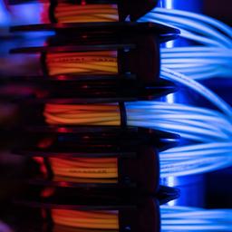 Glasfaserbündel liegen in einem Serverschrank. 