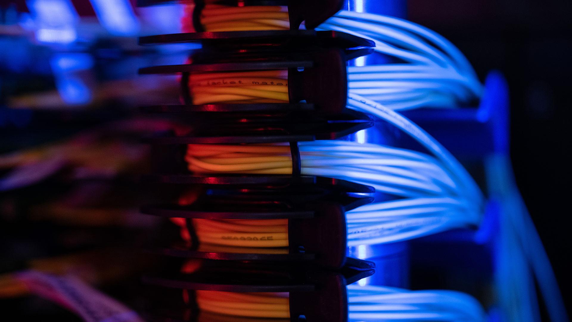 Glasfaserbündel liegen in einem Serverschrank.  | picture alliance/dpa