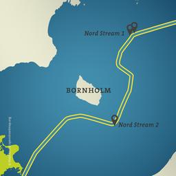Karte von Bornholm mit den Pipelines Nord Stream 1 und 2