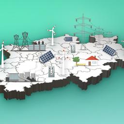 Illustration zeigt Windräder, Strommasten, Kraftwerke auf einer Karte von NRW