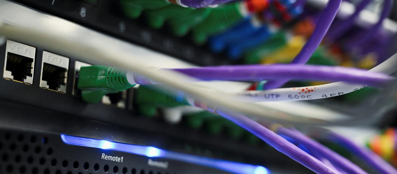 In einen Computerserver eingesteckte LAN-Netzwerkkabel