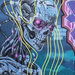 Terminator-Graffiti auf einer Hauswand in Leipzig.