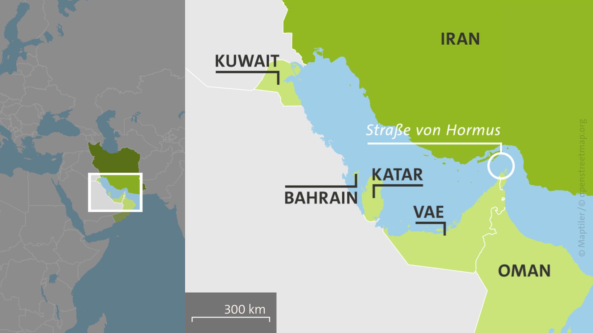 Karte: Bahrain, Iran, Katar, Kuwait, Oman, VAE | ARD-aktuell