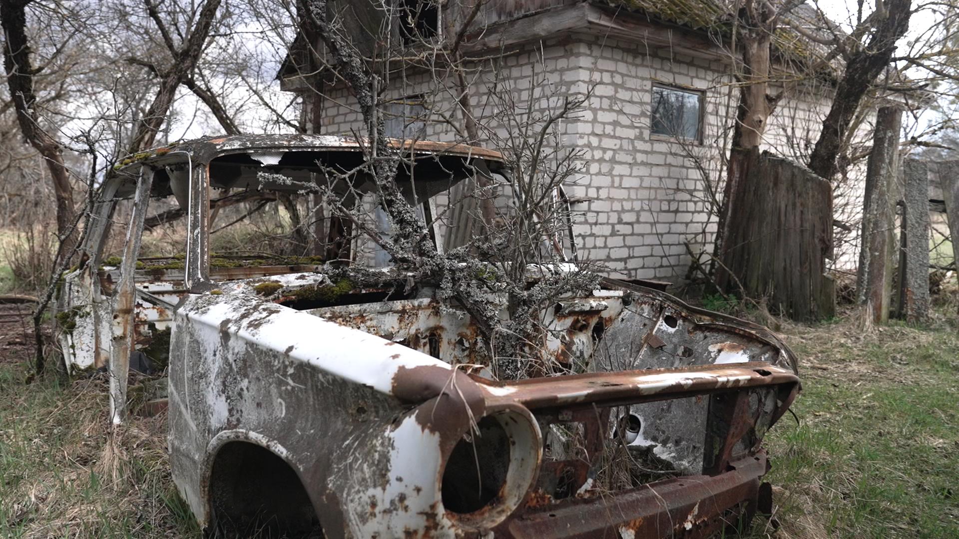 ein Haus und ein Autowrack in der Sperrzone von Tschernobyl | ARD-Studio Kiew