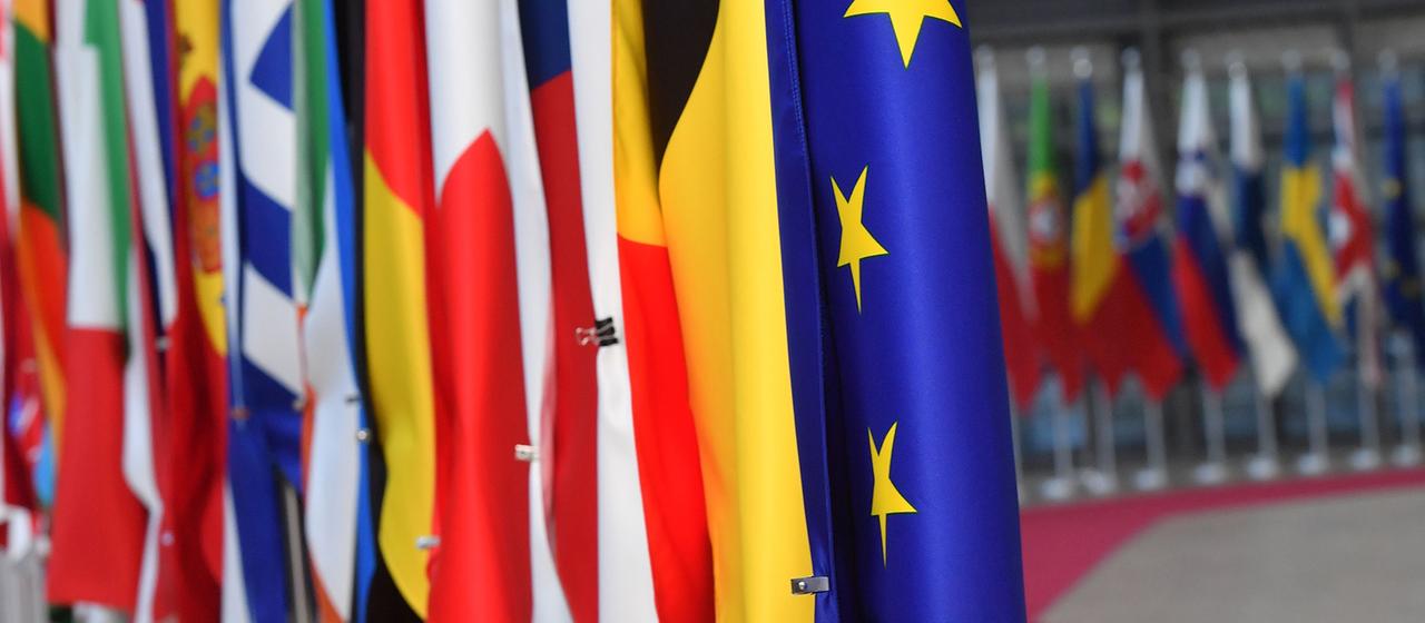 Flaggen der Mitgliedsstaaten der Europäischen Union sind neben der EU-Flagge zu sehen.