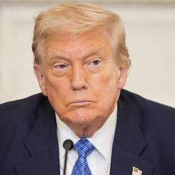 Donald Trump sitzt in Anzug und Krawatte an einem Tisch, vor einem Mikrofon.