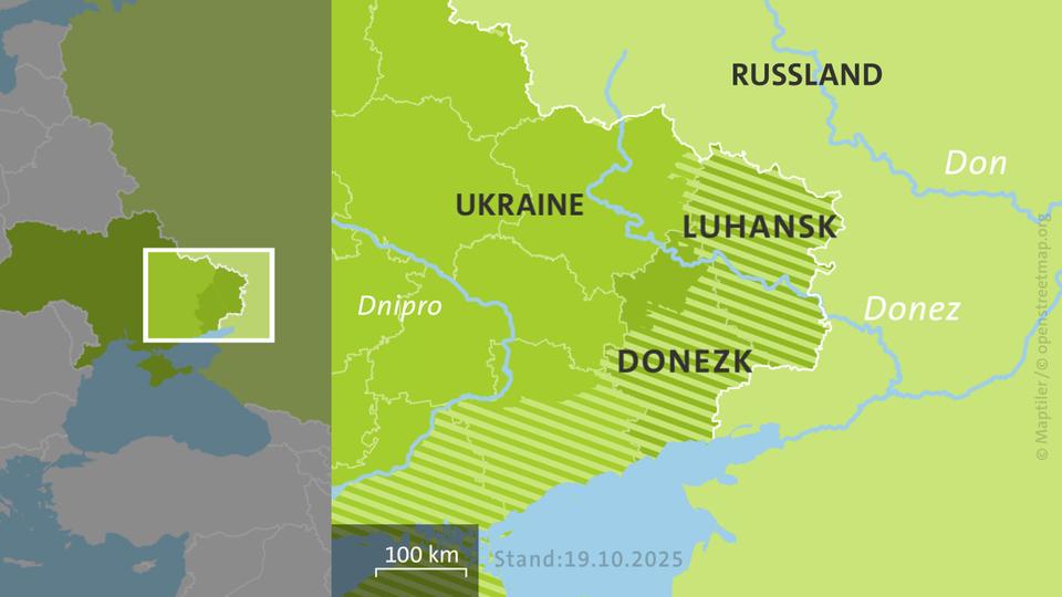 Karte der Ukraine und Russlands, hell schraffiert: von Russland besetzte Gebiete | ISW, Critical Threats Project | Stand: 19.10.2025 Karte der Ukraine und Russlands, hell schraffiert: von Russland besetzte Gebiete