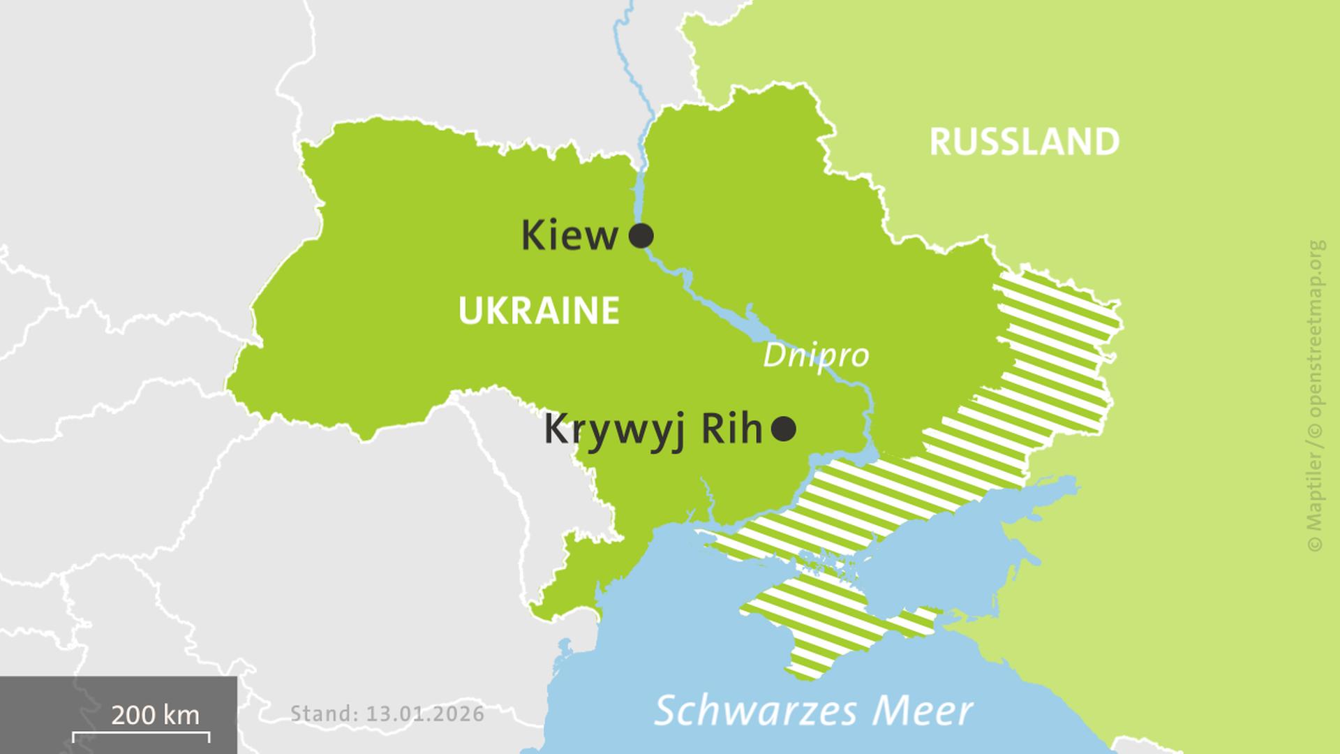 Karte der Ukraine und Russlands, hell schraffiert: von Russland besetzte Gebiete | ISW, Critical Threats Project | Stand: 13.01.2026