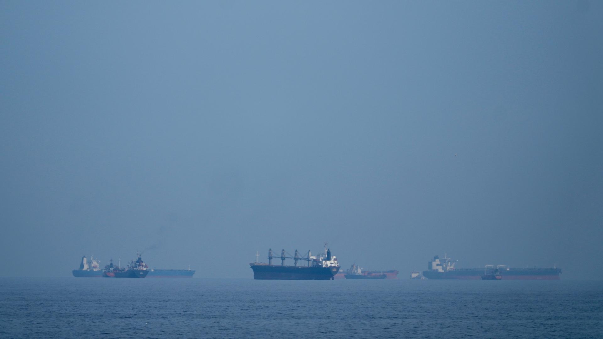 Öltanker und Frachtschiffe reihen sich in der Straße von Hormus auf, gesehen von Khor Fakkan. | Altaf Qadri/AP/dpa