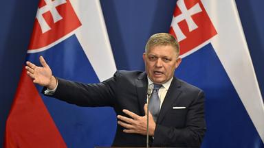 Fico spricht und gestikuliert bei einer Pressekonferenz in Bratislava (Slowakei)