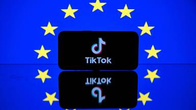 Das TikTok-Logo auf einem Display vor einer EU-Flagge.