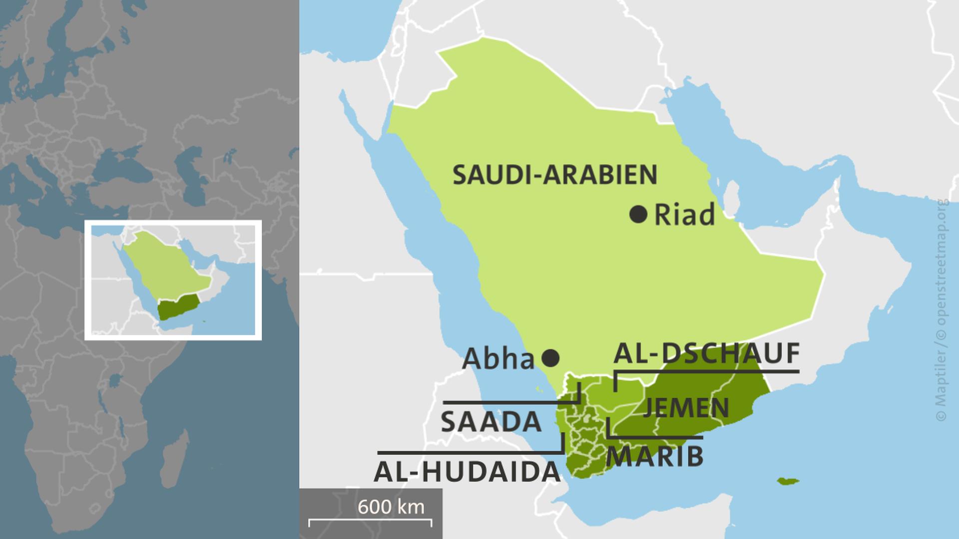 Karte Saudi-Arabien mit den Orten Riad und Abha und Jemen mit den Provinzen Saada, Marib, Al-Dschauf und Al-Hudaida | ARD-aktuell