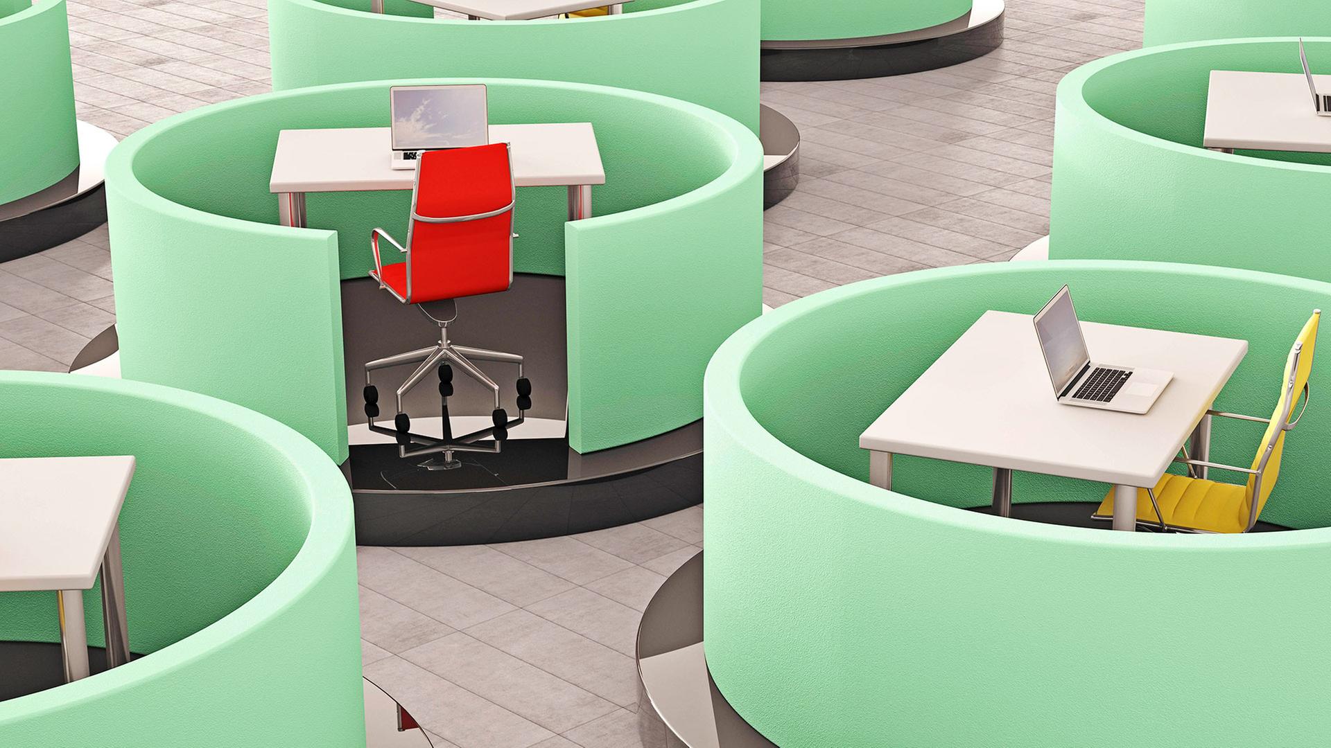 Symbolbild: Moderne Büro-Cubicles, 3D Rendering.(Quelle:picture alliance/Westend61/H.Starke) | picture alliance/Westend61/H.Starke