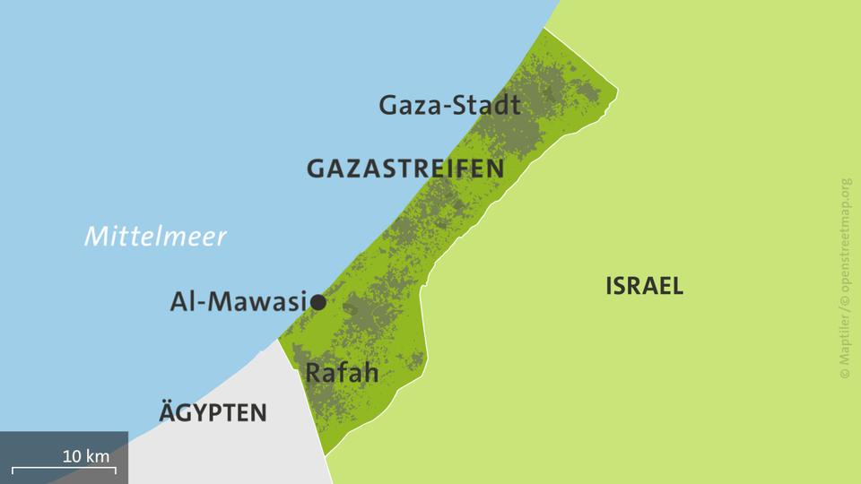 Karte mit Israel, Gazastreifen, Gaza-Stadt und Al-Mawasi | ARD-aktuell Karte mit Israel, Gazastreifen, Gaza-Stadt und Al-Mawasi